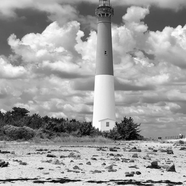 Barnegat Bay Lighthouse - New Jersey Black and White Photography, beach house decor, NJ Wall art, clouds, nature, rocks, ocean gift