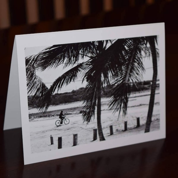 Bicycle Palm Tree Island Greeting Cards- Original photography from Grand Turk, Black and White, man on bike, Just Because, stay in touch