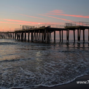 Sunrise Streaks - Beach pier landscape New Jersey wall art, home decor, waves, ocean, Ventnor City, matted photography