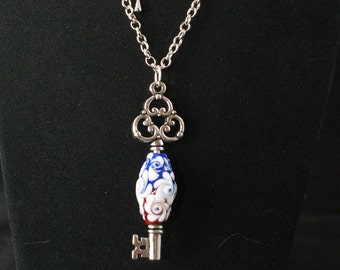 Patriotic Key Necklace with Handmade Lampwork Bead, 30" Silvertone Chain, Red, White, Blue,