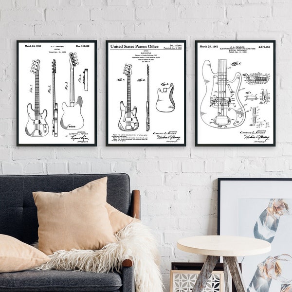 Framed Fender Bass Guitar Set Patent Prints (Multiple Sizes) Wall Art Poster Gift Gift Antique Wall Decor
