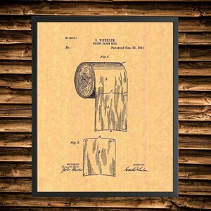 Framed Toilet Paper Roll Patent Print - Multiple Sized Frames and Parchment Colors - Wall Art Home Decor, Print, Bathroom Gift, Housewarming