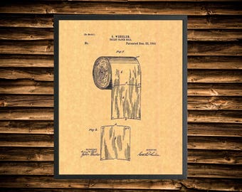 Framed Toilet Paper Roll Patent Print - Multiple Sized Frames and Parchment Colors - Wall Art Home Decor, Print, Bathroom Gift, Housewarming