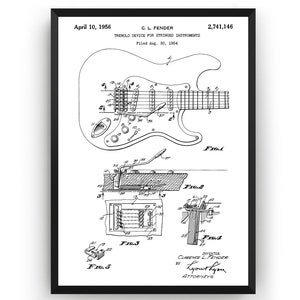 Peut inclure: Impression encadrée en noir et blanc d'un brevet de guitare. L'impression présente des schémas détaillés d'un dispositif de trémolo pour instruments à cordes, avec le texte indiquant l'inventeur C.L. Fender et la date de dépôt du 30 août 1954.