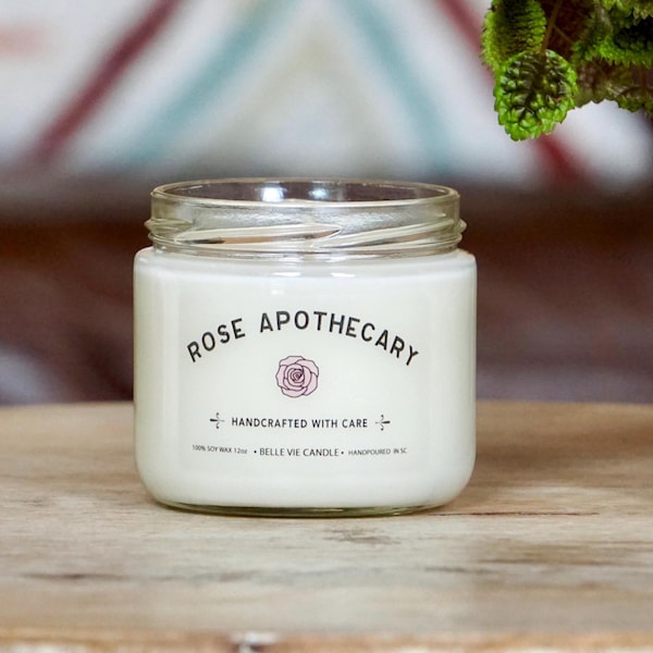 Rose Apothecary Soy Candle – Custom Scented – 12oz Recycled Jar, 50hr Burn – Minimalist Gift, Handmade & Non-Toxic | Schitt Ew David