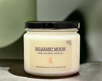 Balsamic Moon Soy Candle – Palo Santo Patchouli Scent – 12oz Recycled Jar, 50hr Burn – Boho Decor Gift, Handmade & Natural