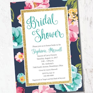 Blue Pink Floral Vintage Glitter Bridal Baby Shower Event PRINTABLE Custom Invitation