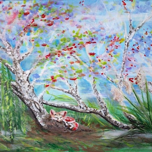 Fox in the misty forest painting original, trees, cute animal, whimsical, acrylic paint