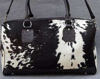 Hair on Cowhide Duffel Bag, Handmade Cowhide Duffel Bag, Black & White Cowhide Duffle Shoulder Bag, Weekender Bag Overnight Bag Gift for Him