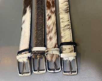 Tricolor Cowhide Leather Belts, Handmade Unisex Cowhide Belt with Removable Buckle, Cowhide Hair-on Leather Belt , Real Leather Backing Belt