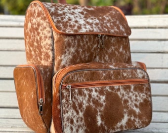 Cowhide Diaper Backpack Bag, Cowhide Backpack Bag, Brown White Cowhide Large Backpack Bag Gift for Mom, Kids, Toddlers, Western Backpack Bag