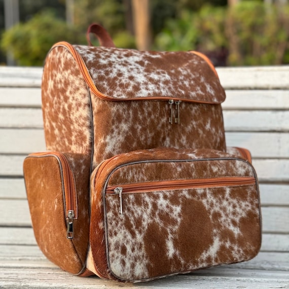 Cowhide Diaper Backpack Bag, Cowhide Backpack Bag, Brown White Cowhide Large Backpack Bag Gift for Mom, Kids, Toddlers, Western Backpack Bag