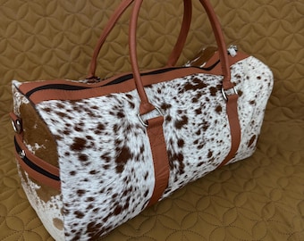 Luxury Cowhide Duffle Leather Bag Handmade Hair on Cowhide Travelling Bag Cowhide Overnight Weekender Bag for Trips Gym Bag Office Bag Mens