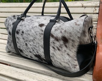 Hair on Cowhide Duffle Bag - Cowhide Leather Bag Travel Bag - Handmade Western Weekender Bag Rustic Cow Skin Overnight Luggage for Men Gift