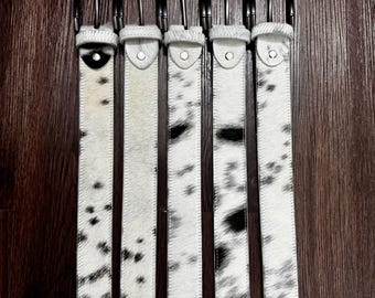 Cowhide Leather Belts Black White, Handmade Unisex Cowhide Belt with Removable Buckle Cowhide Hair-on Leather Belt Real Leather Backing Belt
