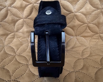 Hair on Cowhide Belt Shiny Black Handmade Unisex Cowhide Belt Removable Buckle Cowhide Leather Belt Real Leather Backing Belt Gift for Him