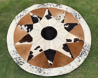 Real Cowhide Patchwork Rug Handmade Hair on Cowhide Rug Leather Cowhide Rug Brazilian Cowhide Rug Cowhide Round Rug for Home Decor Area Rug
