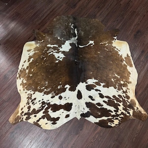 Amazing Real Tricolor Cowhide Rug | Tricolor Cow Rug | Tricolor brown and white leather rug | Hair on Cowhide Rug | Western Cowhide Rug Gift