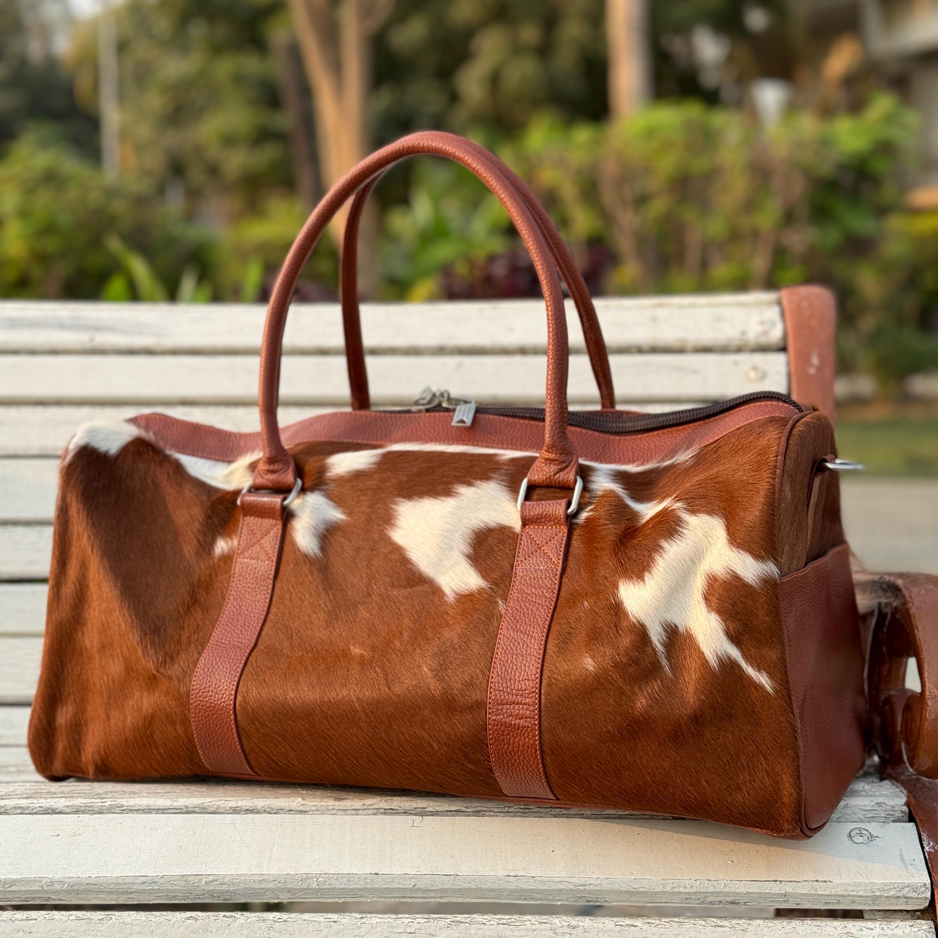 Cowhide Duffle Bag Genuine Leather Travel Bag Hair on Hide