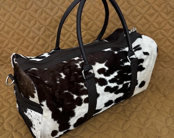 Best Cowhide Duffle Bag Handmade Travel Weekender Bag Brown White Genuine Leather Overnight Bag Western Cowhide Gym Bag Carry On Luggage Bag