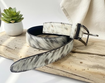 Cowhide Hair Leather Belts, Premium Unisex Cowhide Belt with Removable Buckle Cowhide Hair-on Leather Belt Leather Backing Belt Gift for Him