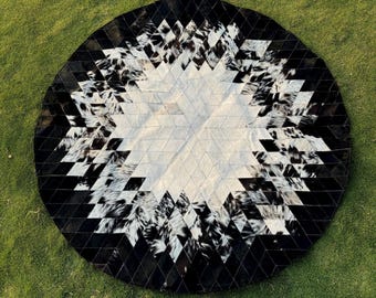 Real Cowhide Patchwork Rug Black & White Natural Cowhide Hair on Rug Round Cowhide Patchwork Rug Natural Cowhide Floor Rug Leather Rug Gift