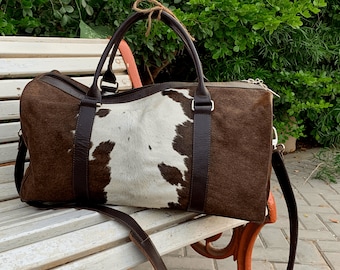 Leather Duffle Bag Men, Cowhide Duffle Bag, Large Duffel Bag, Cow Hair Duffle, Cowhide Bag, Handmade Bag, Cowhide Shoulder Bag, Custom Bag