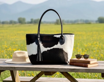 Black White Cowhide Tote Bag Purse Unique Hair on Cowhide Tote Bag Cowhide Shoulder Bag Western Style Bag Cowhide Ladies Boho Tote Bag Gift
