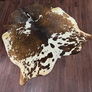 Amazing Tricolor Cowhide Rug | Hair on Cowhide Rug | Tricolor brown and white leather rug | Hair on Cowhide Rug | Western Cowhide Rug Gift