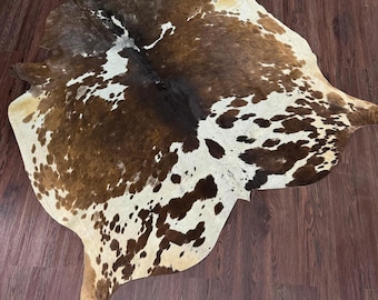 Amazing Tricolor Cowhide Rug | Hair on Cowhide Rug | Tricolor brown and white leather rug | Hair on Cowhide Rug | Western Cowhide Rug Gift