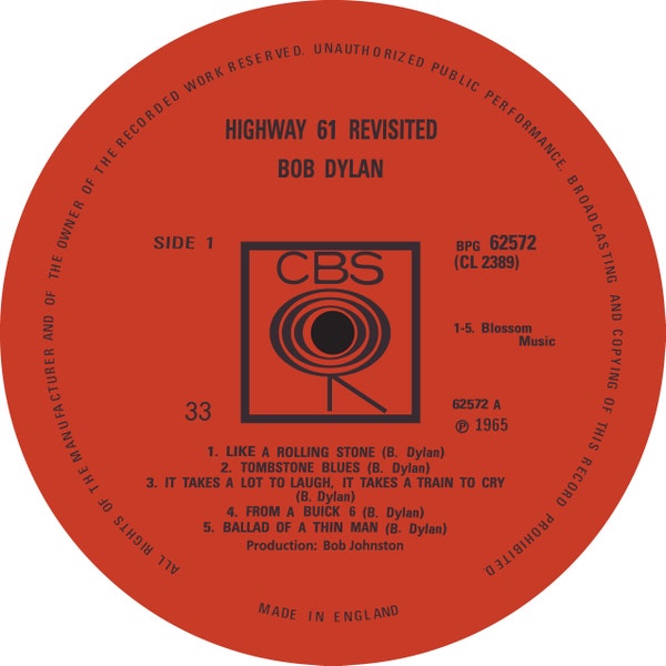 Bob Dylan - Highway 61 Revisited LP Label Sticker