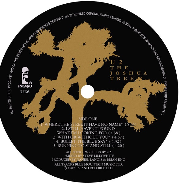 U2 - The Joshua Tree LP Label Sticker