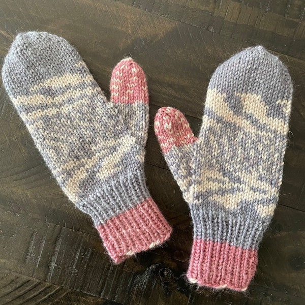 Handmade pretty pink and blue fair isle wool mittens.  Soft & warm mittens!