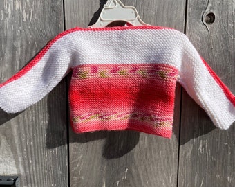 Handmade kid's sweater!  Bright Spring Colors!  Pretty salmon, white  and pink colors!  3-6 months