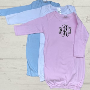 Newborn Infant Layette Gown - 100% Cotton Interlock. Custom Monogram. Multi color options.