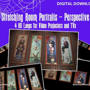 May include: Four digital video loops of the stretching room portraits from the Haunted Mansion attraction at Disney. The portraits are in a perspective view and feature a variety of characters, including a man with a top hat, a woman in a dress, and a man with a beard. The portraits are set against a striped background.