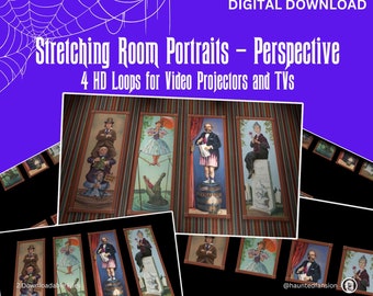 Puede incluir: Cuatro bucles de vídeo digitales de los retratos de la sala de estiramiento de la atracción Haunted Mansion de Disney. Los retratos están en perspectiva y presentan una variedad de personajes, incluyendo un hombre con un sombrero de copa, una mujer con un vestido y un hombre con barba. Los retratos están sobre un fondo a rayas.