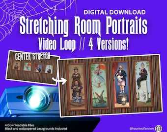 Puede incluir: Descarga digital de cuatro bucles de video animados con los retratos de la sala de estiramiento de la atracción Haunted Mansion. Los bucles de video se titulan "Estiramiento central" y muestran cuatro retratos diferentes de los fantasmas.