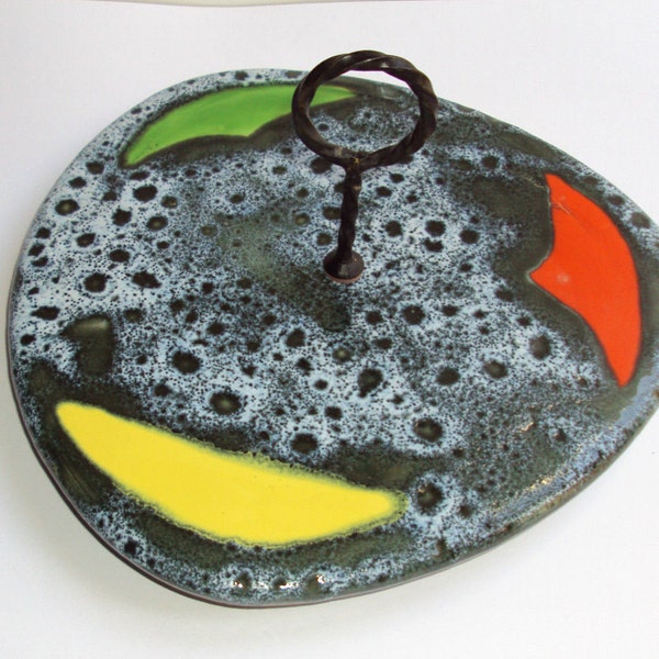 RESERVE MALIKA cheese Board VALLAURIS ceramic way decor "stains", painted, metal handle, sea foam green, red, yellow