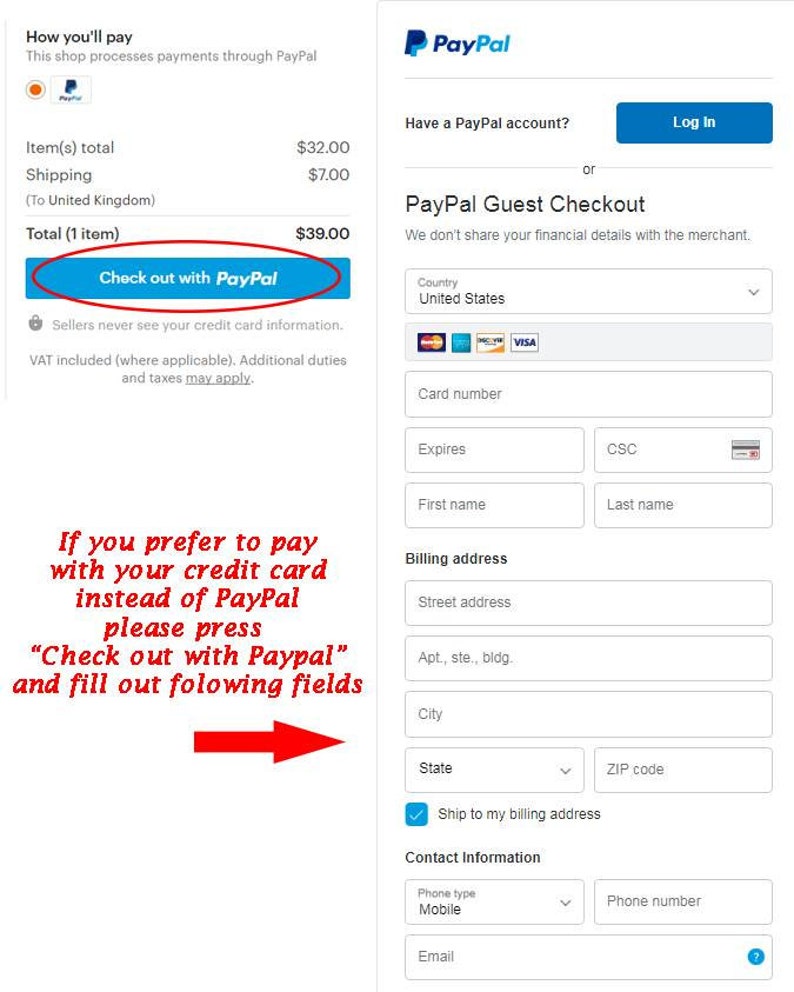 May include: A screenshot of a PayPal checkout page with a blue button that says "Check out with PayPal". The page also includes a section for PayPal Guest Checkout with fields for entering credit card information, billing address, and contact information.