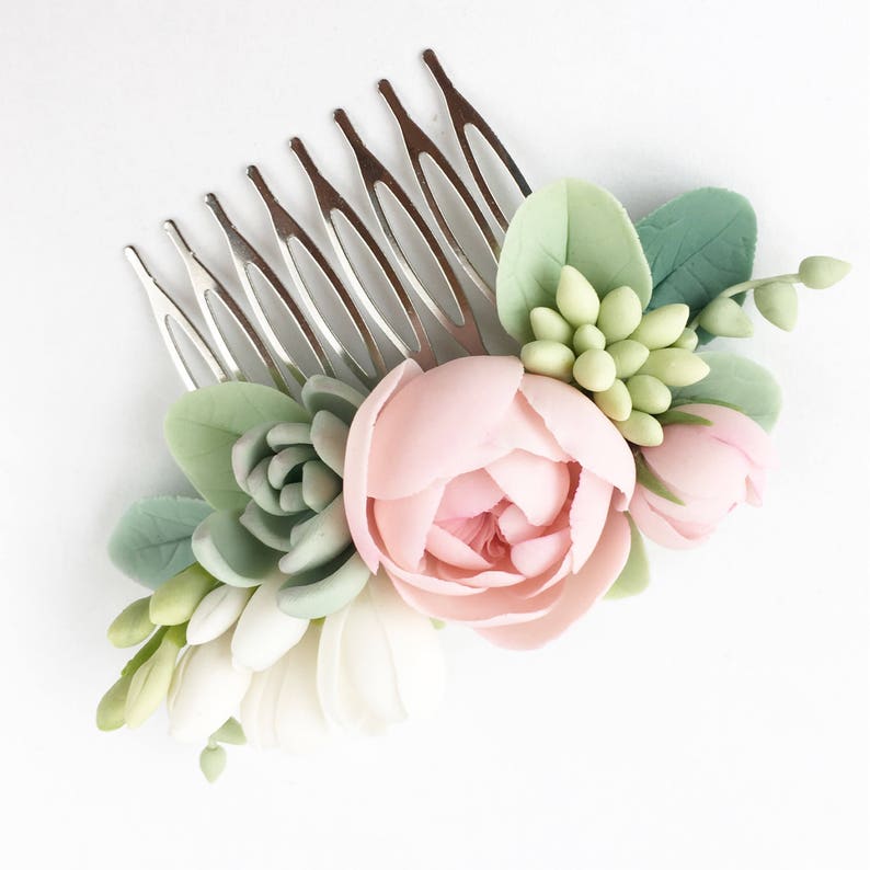 Blush succulent wedding set bridal hair comb blush succulent hair comb wedding boutonniere Flower button hole mint succulent bridal comb image 4