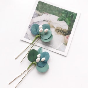 Perla bridal cabello pieza eucalipto pelo pin hoja verde hoja cabello pieza Marfil perla pelo pin perla alfiler pelo perla alfileres floral pelo pin rústico pelo pieza de pelo rústico
