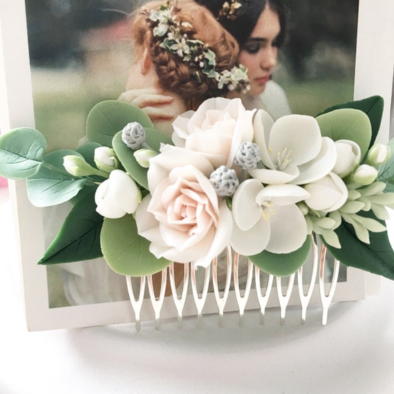 Bridal Eucalyptus Hair Piece Blush Pink Flower Hair Comb 