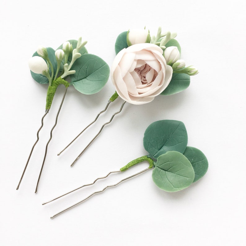 Set of 3 bridal flower hair pins eucalyptus hair piece blush hair piece greenery head piece bridesmaids hair accessory brides hairpiece image 3