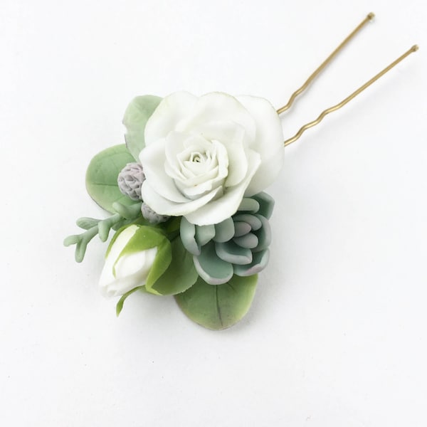 Ivory flower hair pin succulent hair piece eucalyptus hair piece bridal hair piece wedding hairpin bridal headpieces ivory head piece green