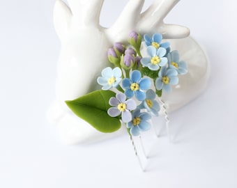Forgetmenot hair pins blue flower hairpins flower head piece rustic head pins floral hair pieces wedding hair pins bridal hair stick blue