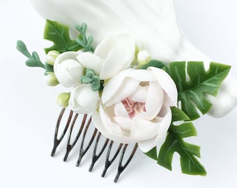 Tropical wedding comb white flower comb bridal comb monstera leaf hair piece beach wedding comb rose flower comb bridal headpiece hair comb