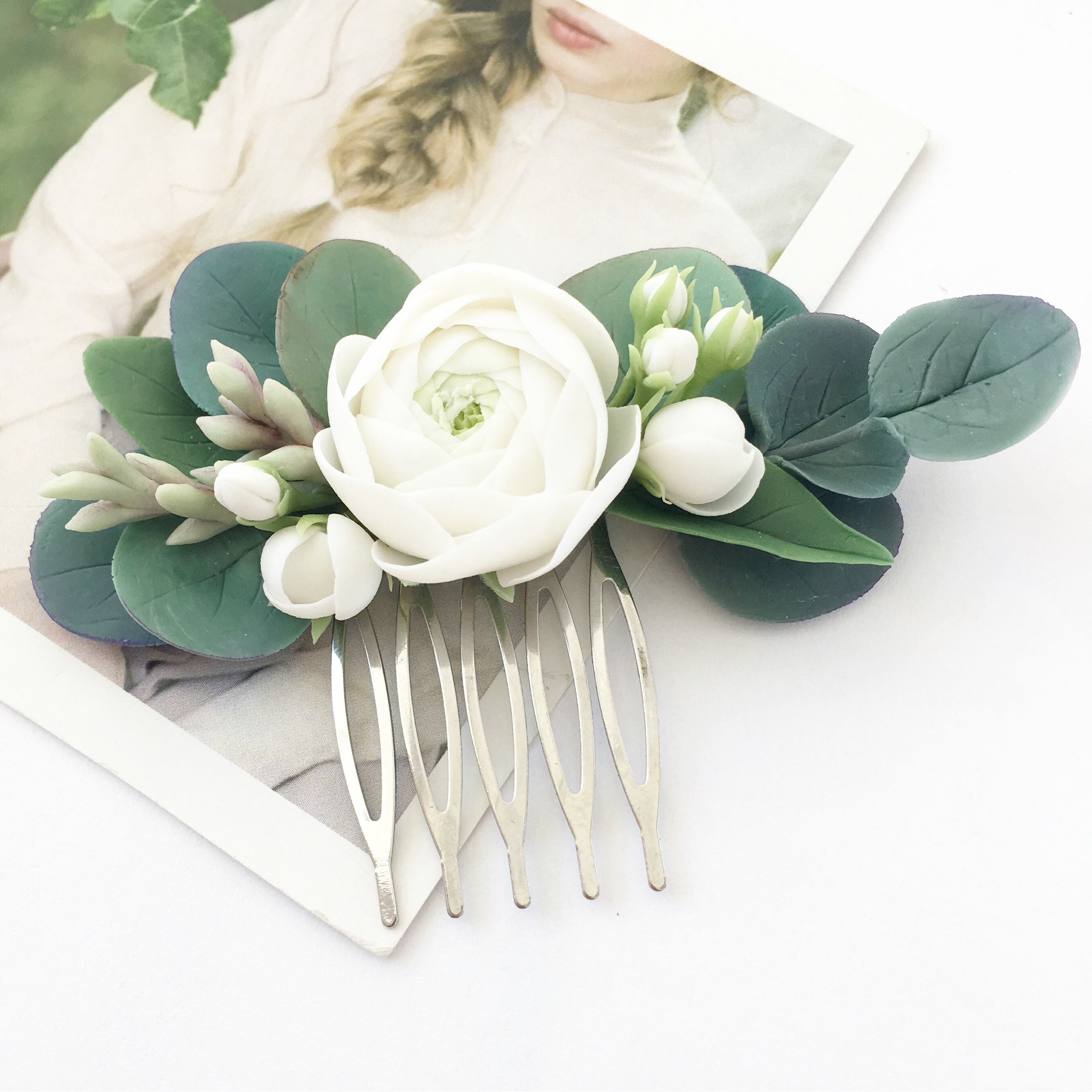 Eucalyptus hair comb Ivory flower hair piece rustic hair piece Etsy