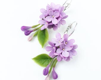 Lilac earrings, floral earrings, botanical jewerly, wish earrings woodland wedding lilac flower jewelry bohemian earings green plant jewelry