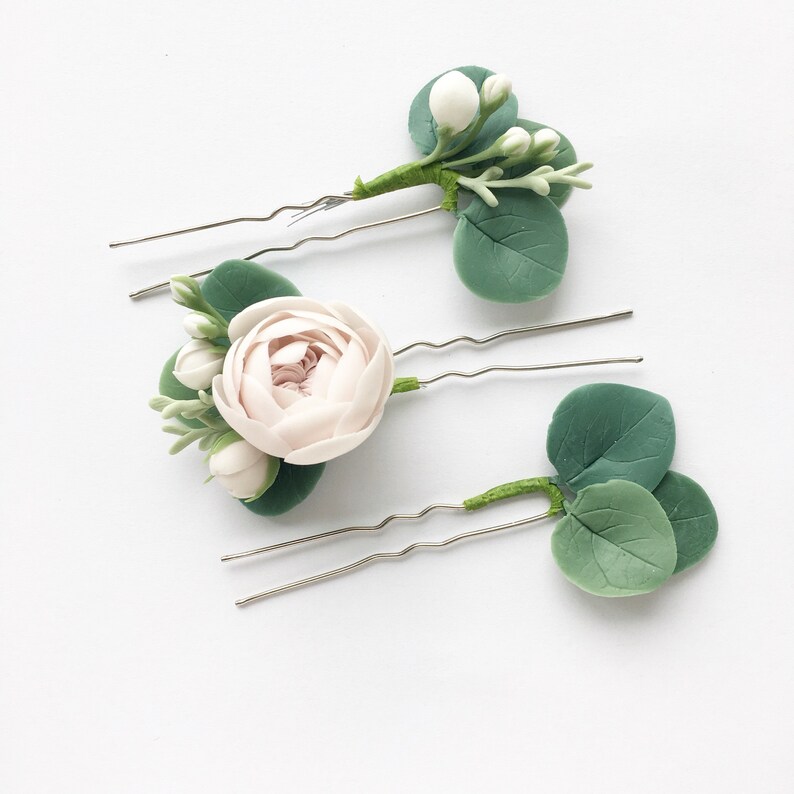 Set of 3 bridal flower hair pins eucalyptus hair piece blush hair piece greenery head piece bridesmaids hair accessory brides hairpiece image 5